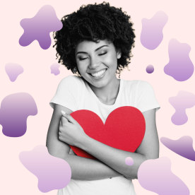 collage of woman holding heart and smiling surrounded by purple organic shapes 