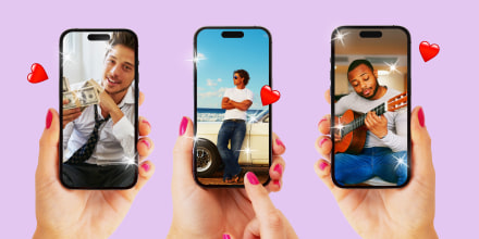 A collage of three smartphones held by a woman displays dating profile images of men—one holding money, another posing in front of a luxury car, and a third playing guitar—against a purple background. The image highlights the concept of "kittenfishing," where people present an exaggerated or misleading version of themselves online.