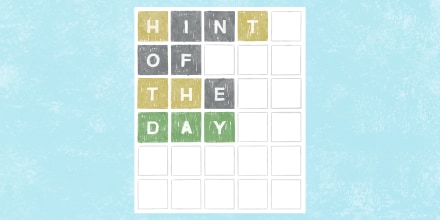 Drawing of the New York Times 'Wordle' game board with the words "hint of the day" on the board.