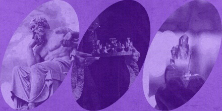 Purple background with oval cutouts of three purple-tinted images; from left to right: classical statue of a man posed thoughtfully, a robed person holding a royal crown, and a hand holding up a purple crystal.