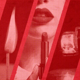 Red background with oval cutouts of three images; from left to right: a flaming matchstick, a woman with red lips holding a tube of lipstick, and a line of lit-up siren alarms.